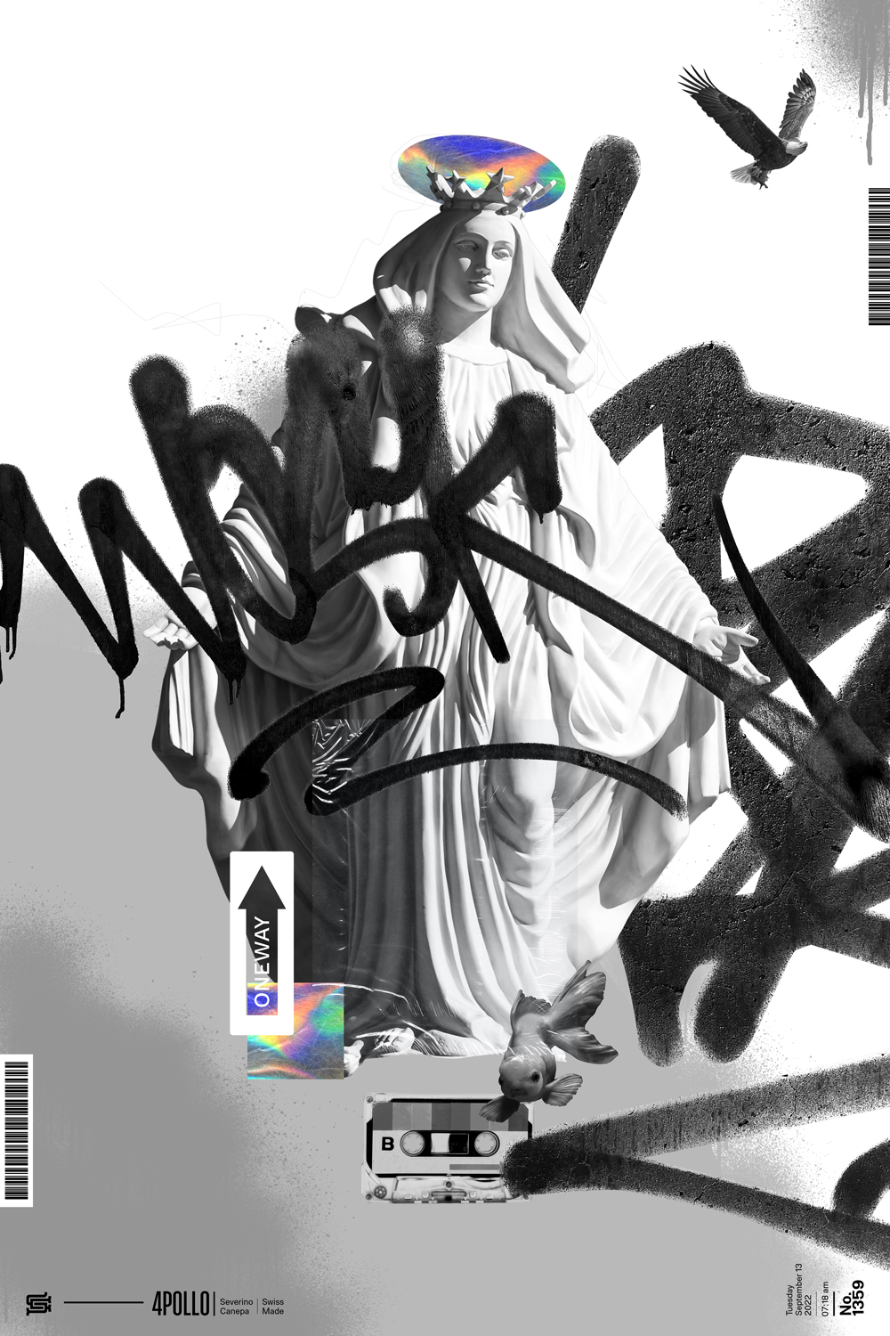 Minimalist digital collage realized with graffiti and the photograph of a statue