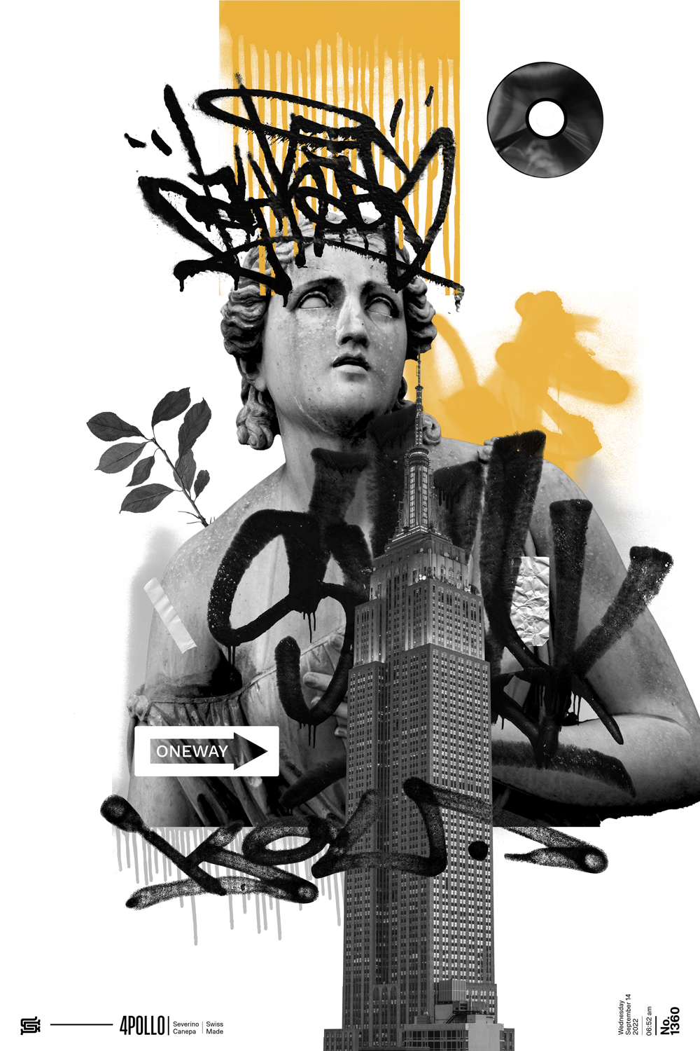 Visual collage made with the statue of a woman, one building, brushes, and graffiti