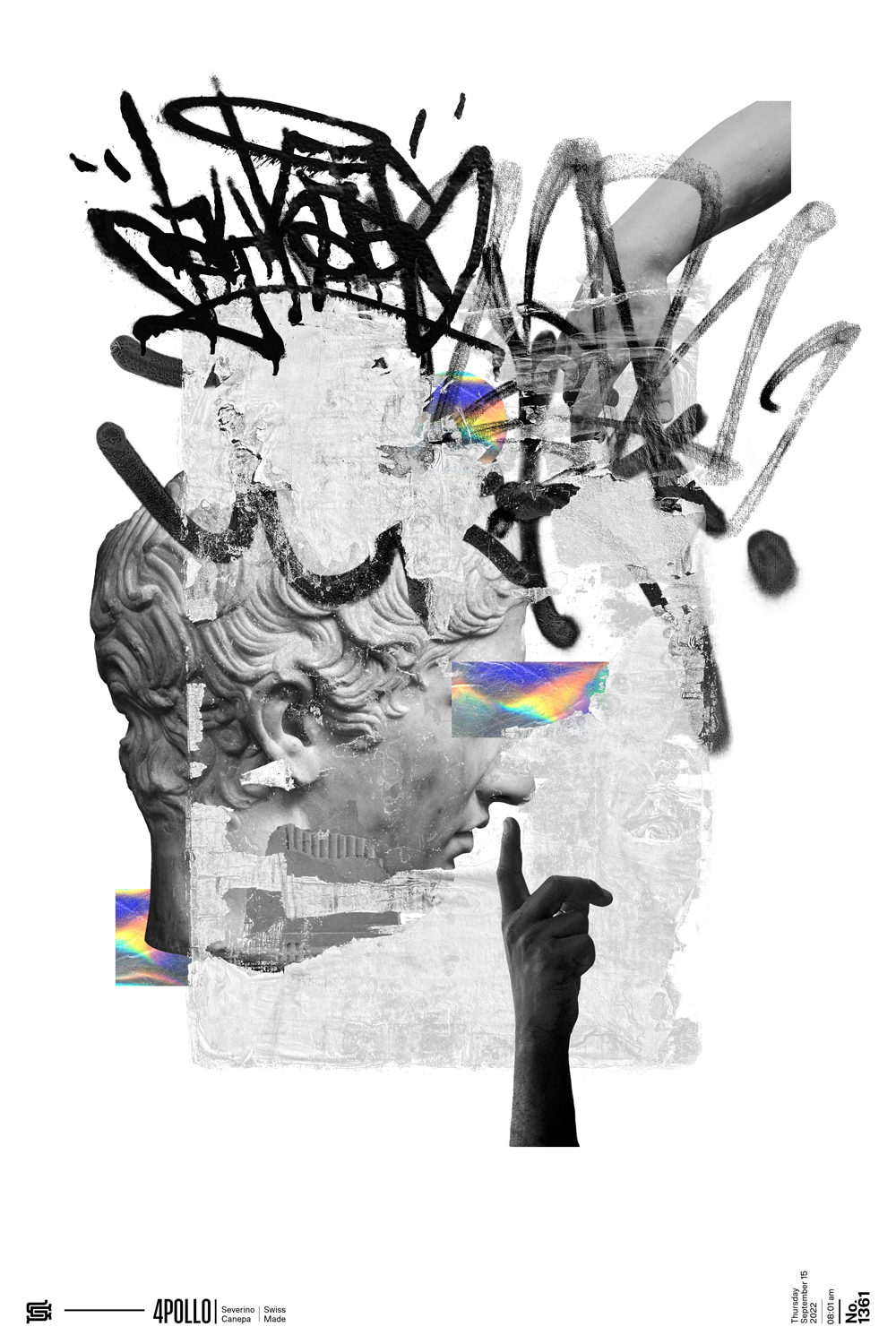 Digital Collage made with graffiti, torn paper, and a statue