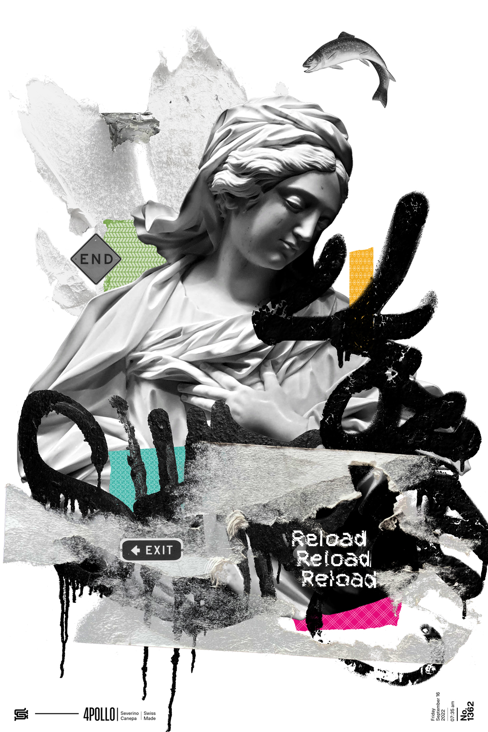 Dynamic and visually attractive digital collage made with a statue and graffiti