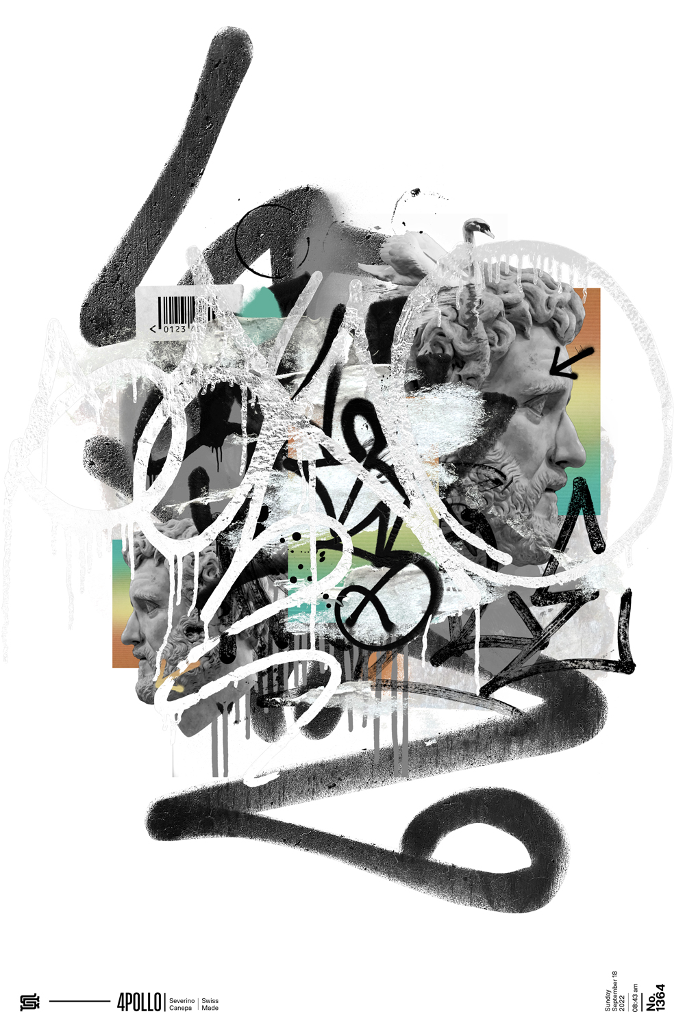 Busy visual collage made with a statue and graffiti elements