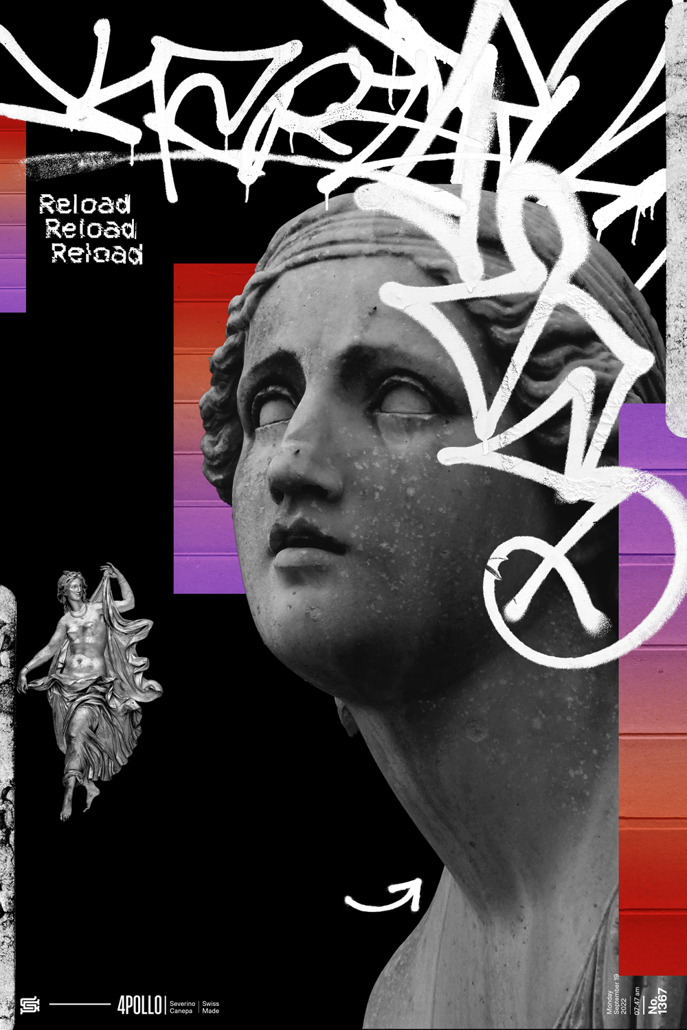 Visual collage realized with graffiti elements and statues