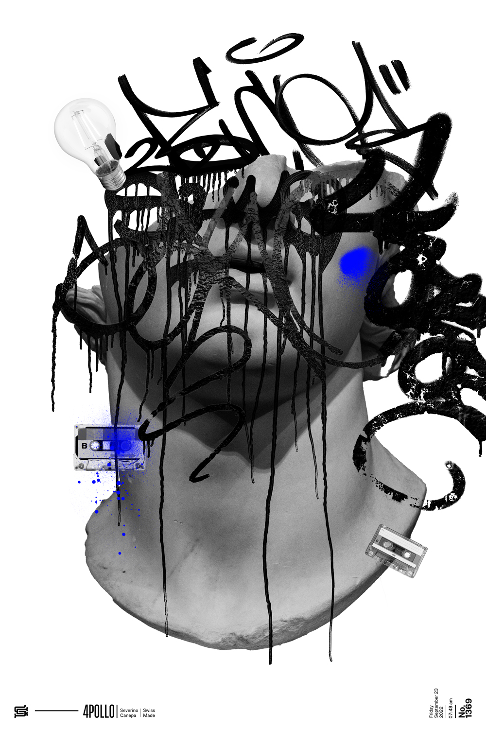 Minimalist collage made with a statue and graffiti tags with touch of blue color