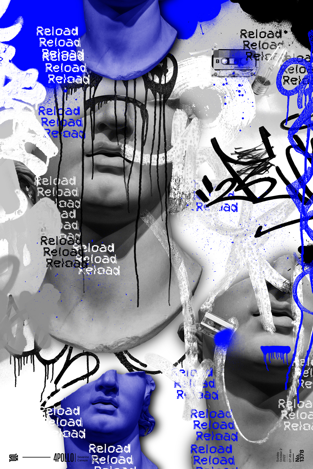 Creative collage made with statues, graffiti, spray paint, tags, and error messages