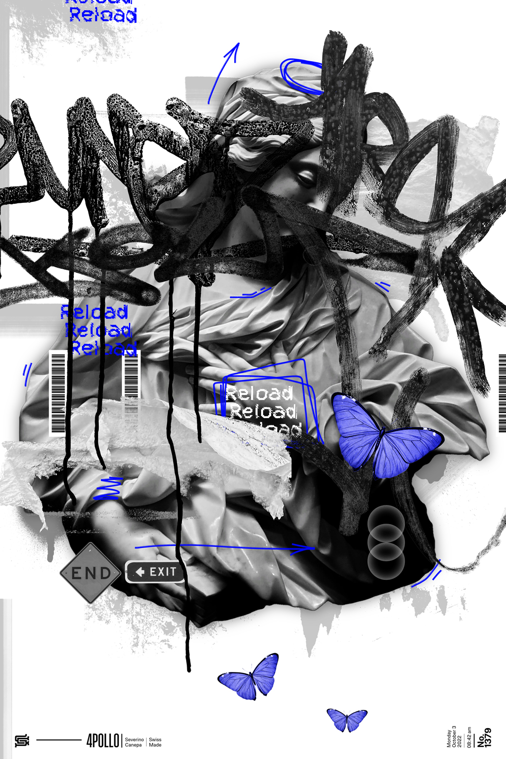 Collage creation made with a statue, graffiti, tags, blue lines, and a blue butterfly