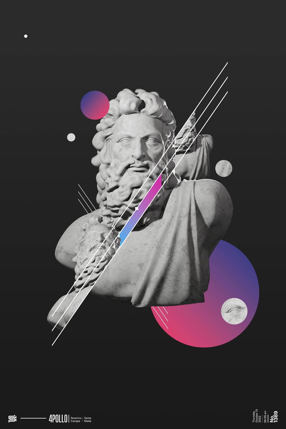 Minimalist artwork with Zeus Statue and geometric forms