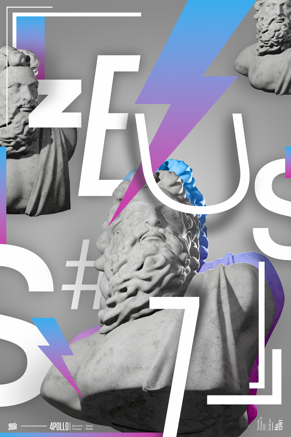 Graphic design creation made with 3D renders of Zeus and typography