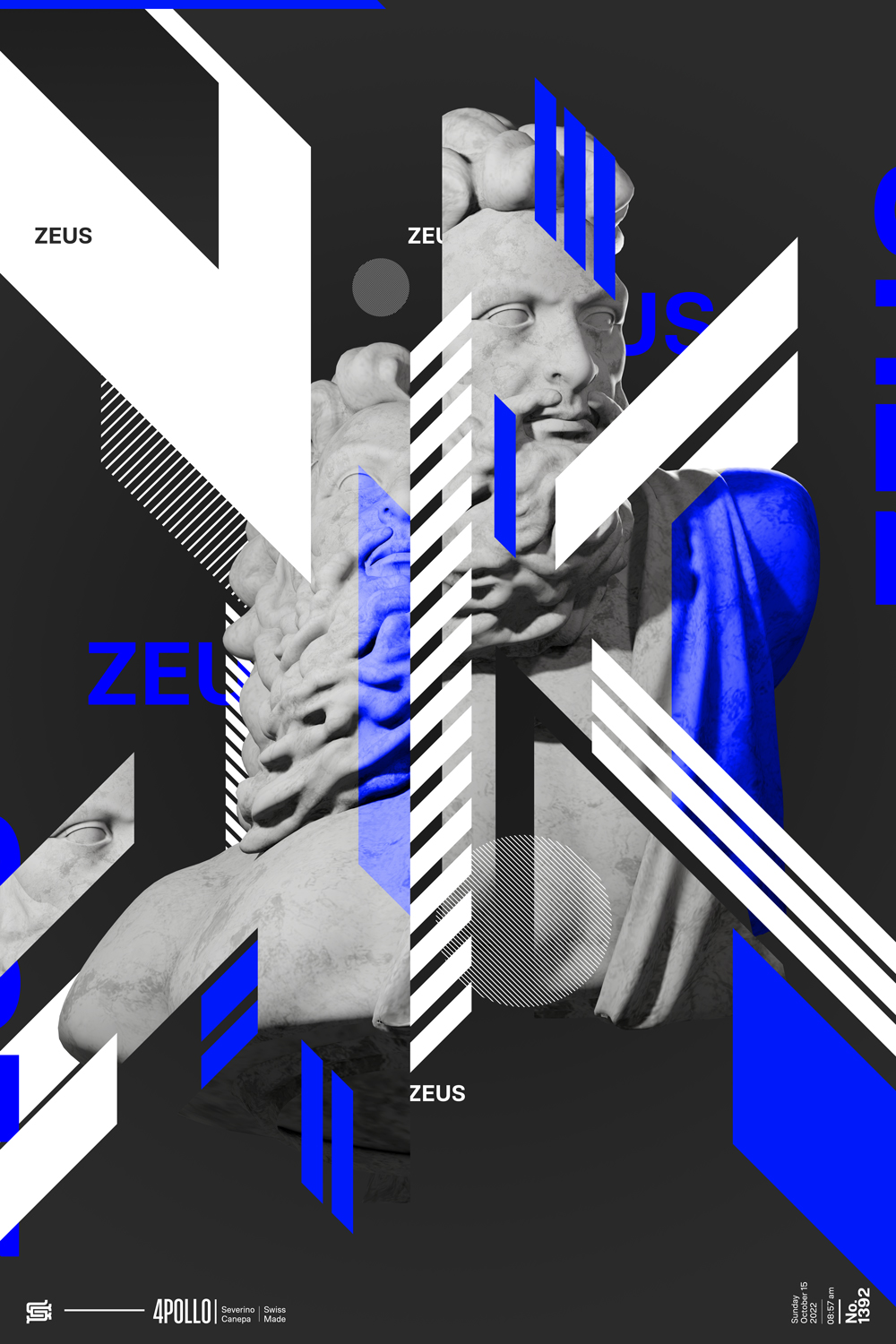 Graphic creation made with dynamic and geometric shapes with the 3D render of Zeus Statue