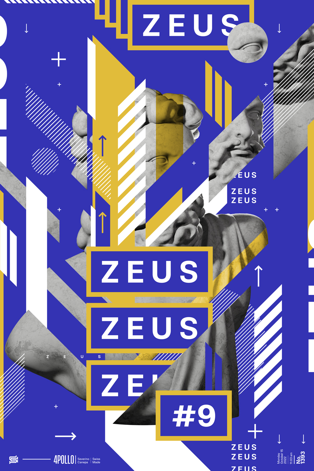 Second dynamic creation made with Zeus Statue, geometric shapes, and typography