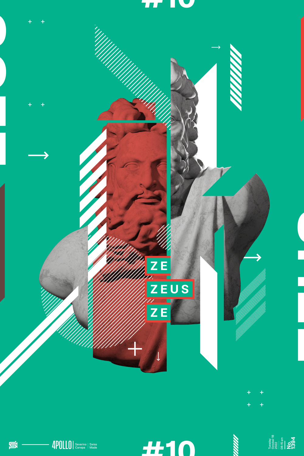 Geometric sharp and dynamic shapes are coupled with Zeus statue to compose a nice layout