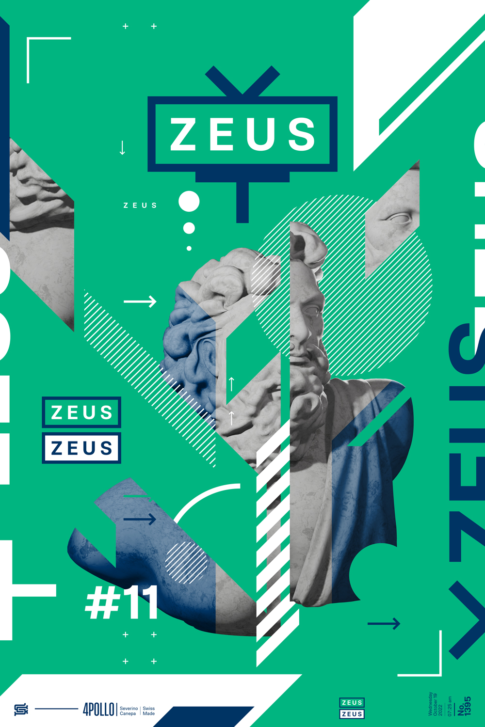 Geometric creation made with basic sharp green, blue, and white shapes intricated with Zeus Statue