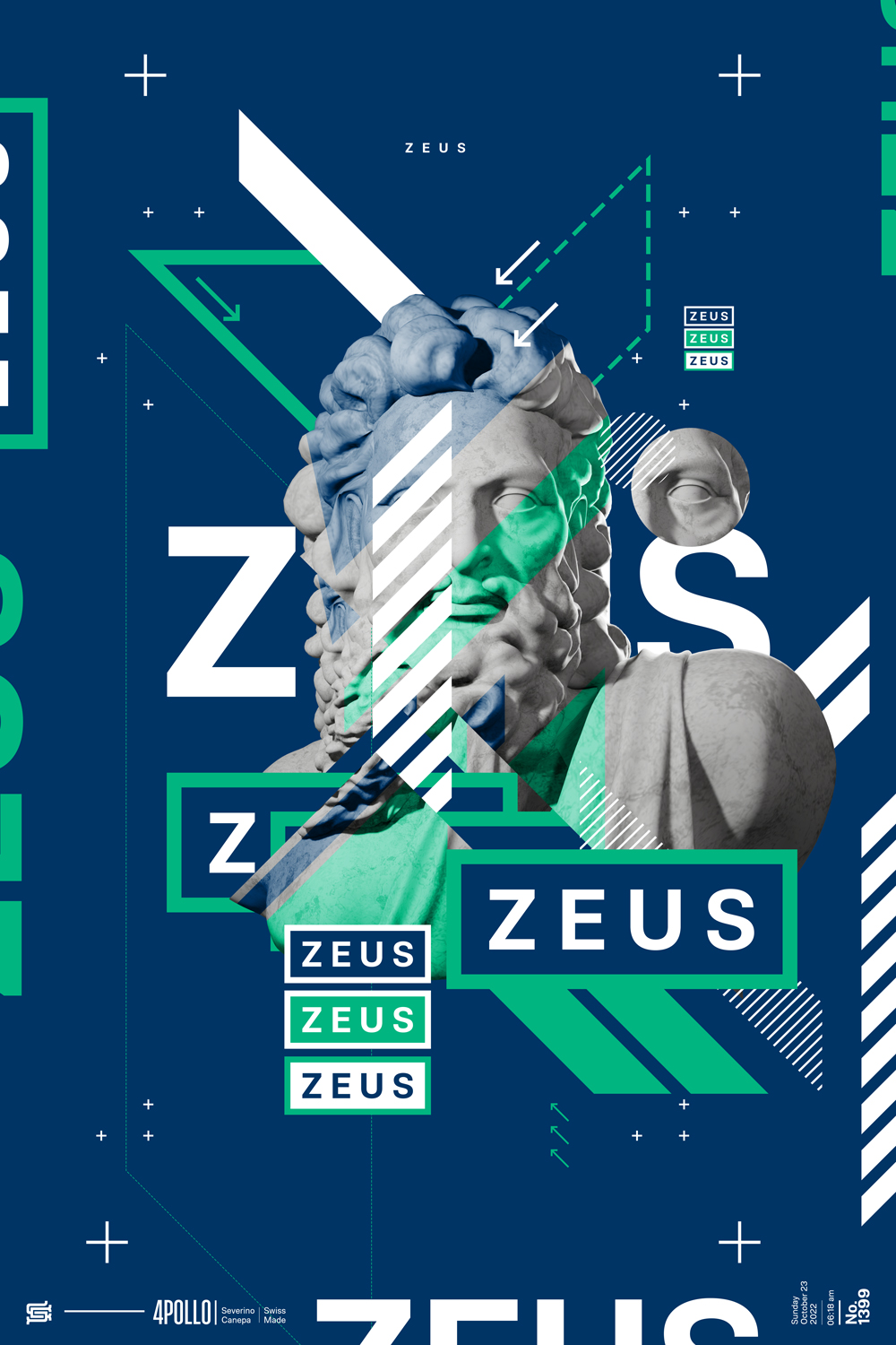 Visual artwork made with vector shapes, the statue of Zeus, and typography