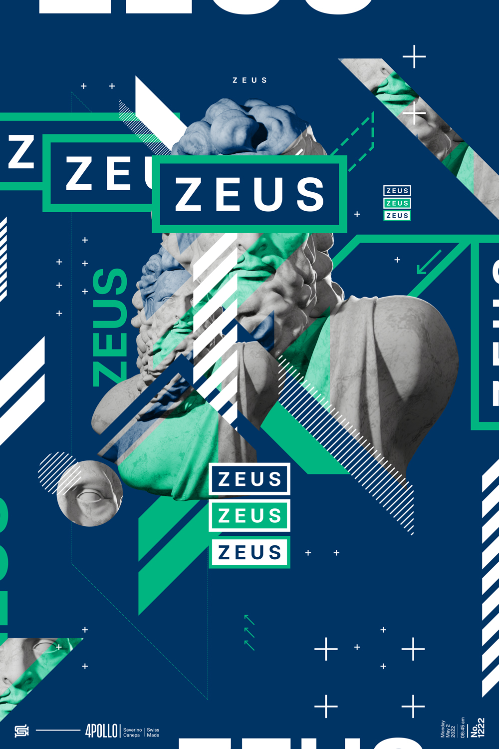 Visual artwork made with dynamic and sharp shapes, and Zeus statue