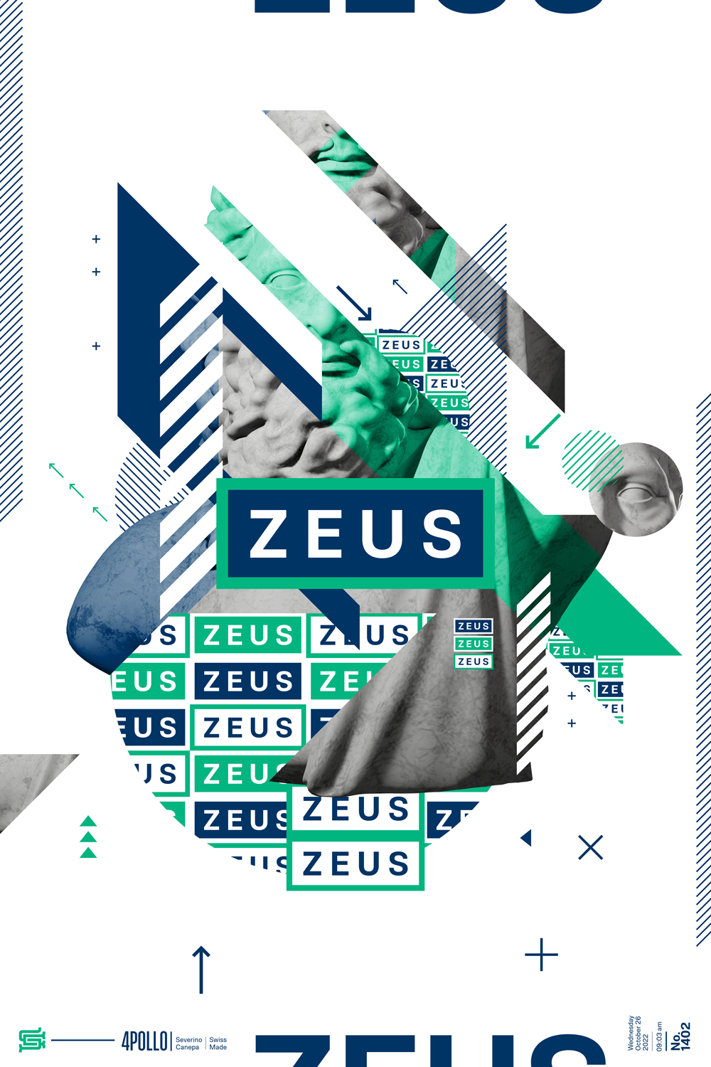 Graphic artwork made with geometric shapes, typography, and Zeus Statue