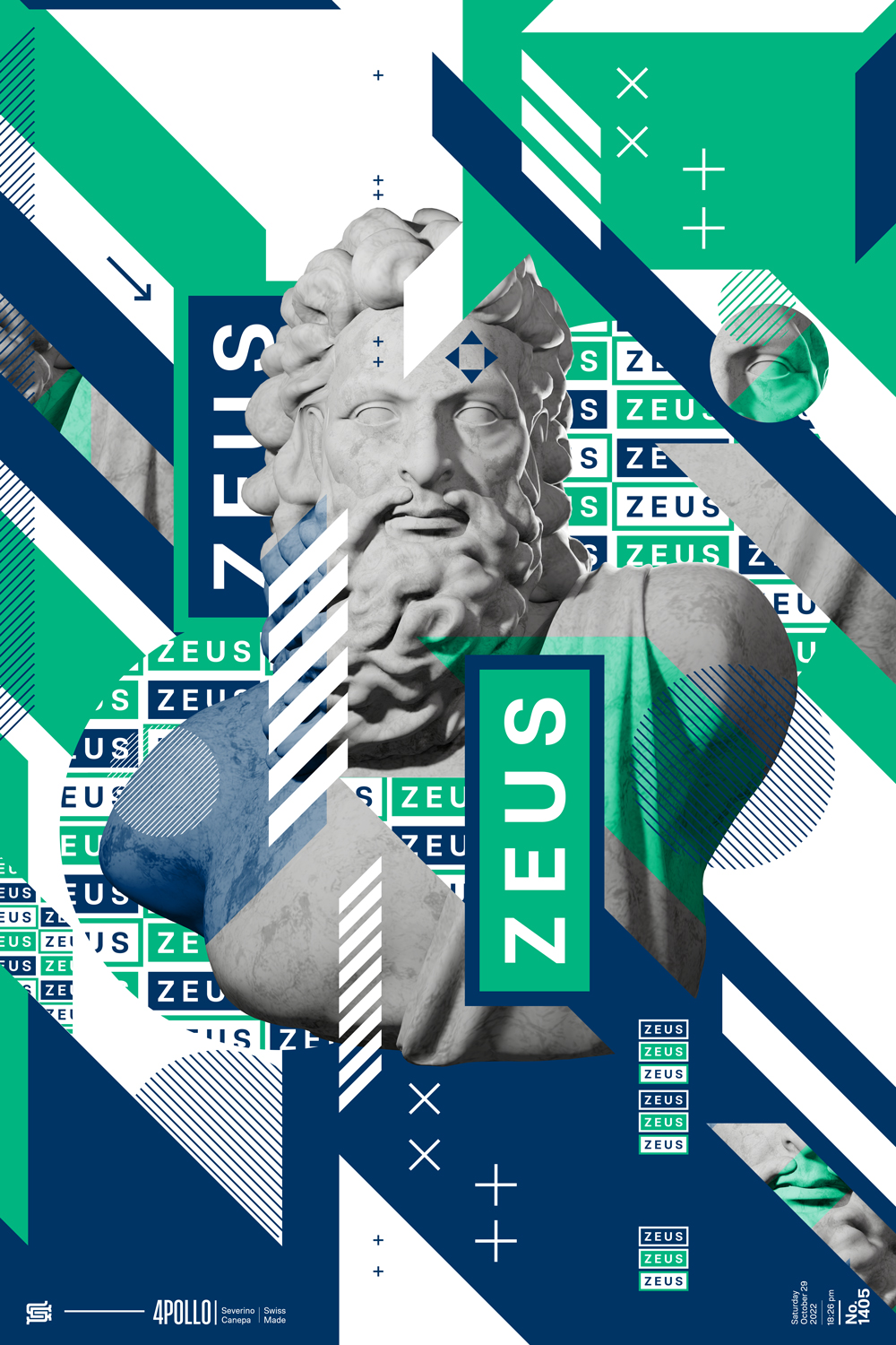 Sharp geometry and typography mixed with the 3D render of Zeus statue