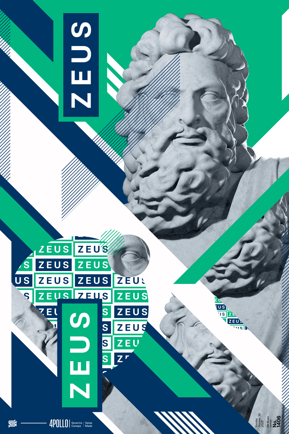 Geomtric creation realized with sharp shapes and the statue of Zeus