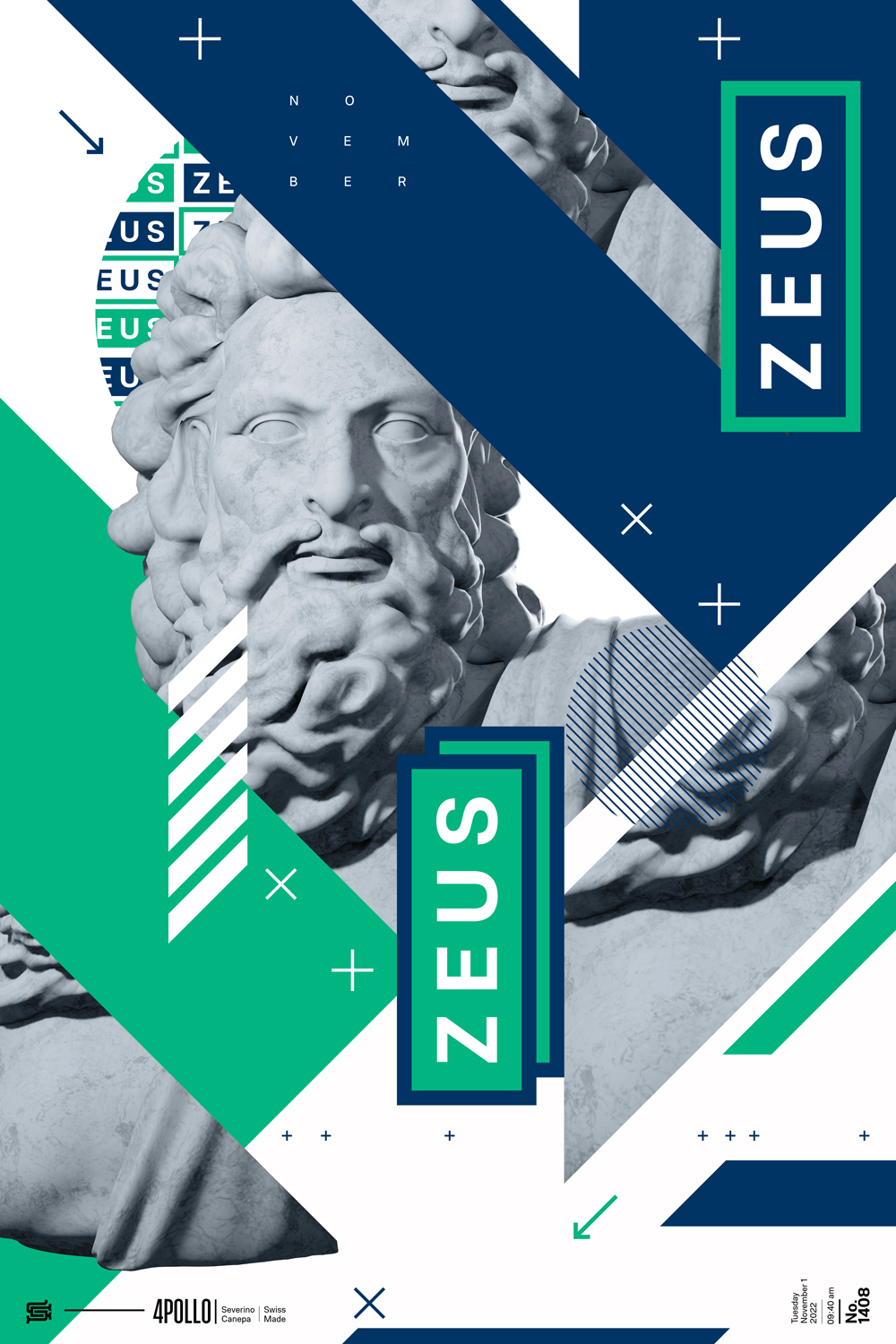 Visual design created with a 3D render of Zeus statue, sharp shapes, typography, and some graphic elements