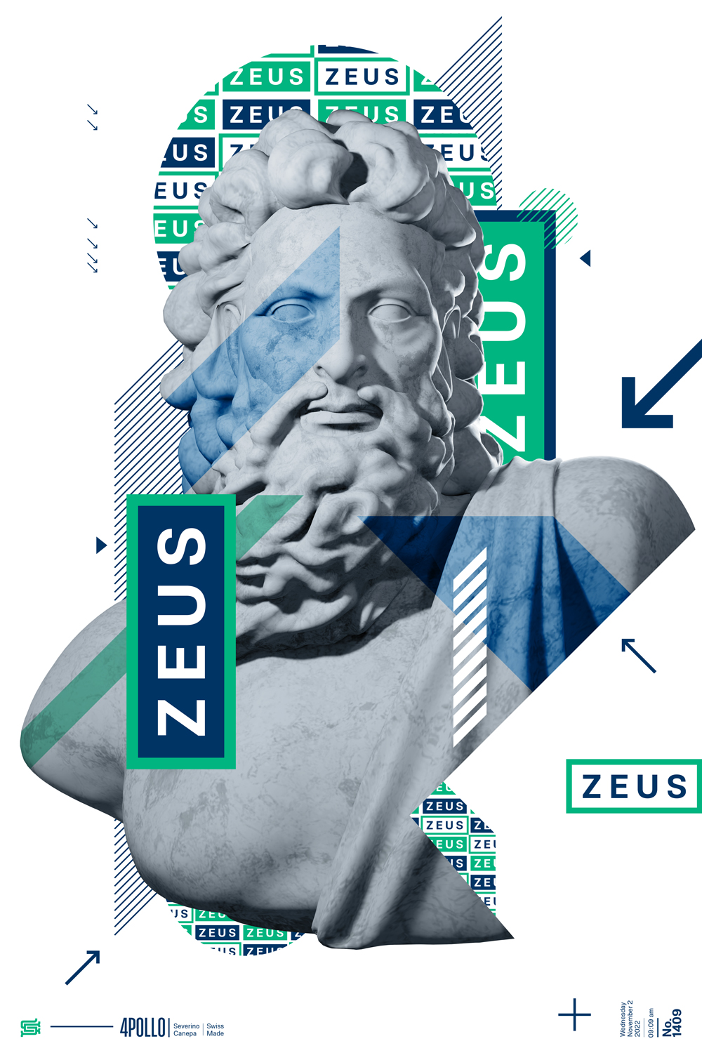 Graphic creation realized with angled sharp shapes and the statue of Zeus