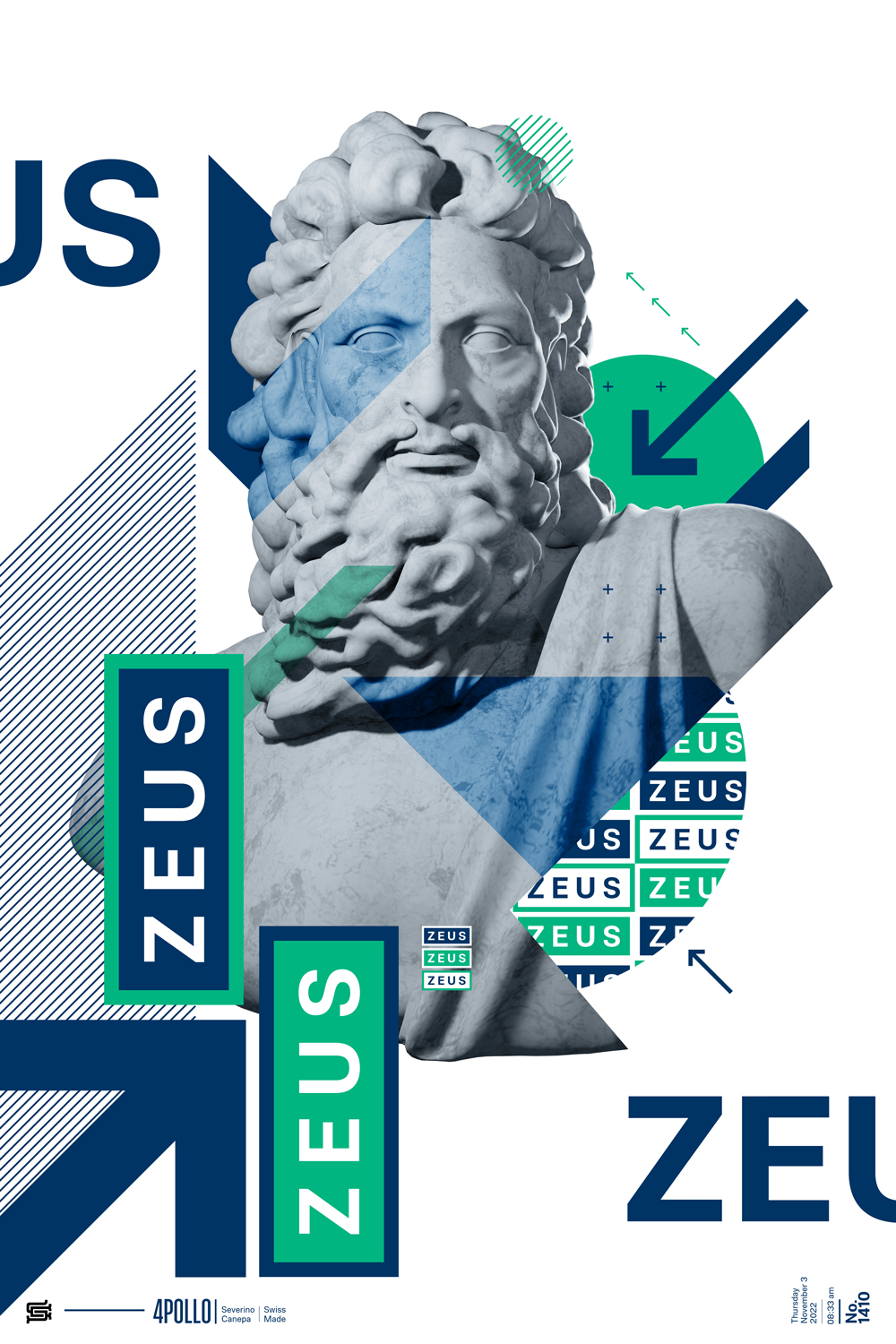 Another experimentation about the layout and placement of the sharp shapes and Zeus Statue