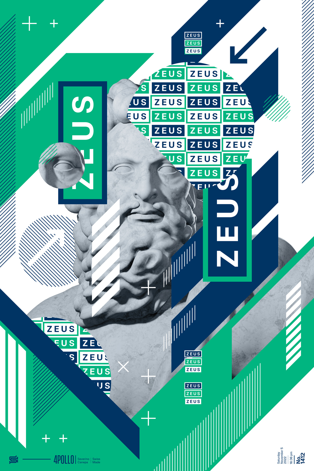 Visual artowrk made with pattern, lines, arrows, and the 3D render of Zeus statue