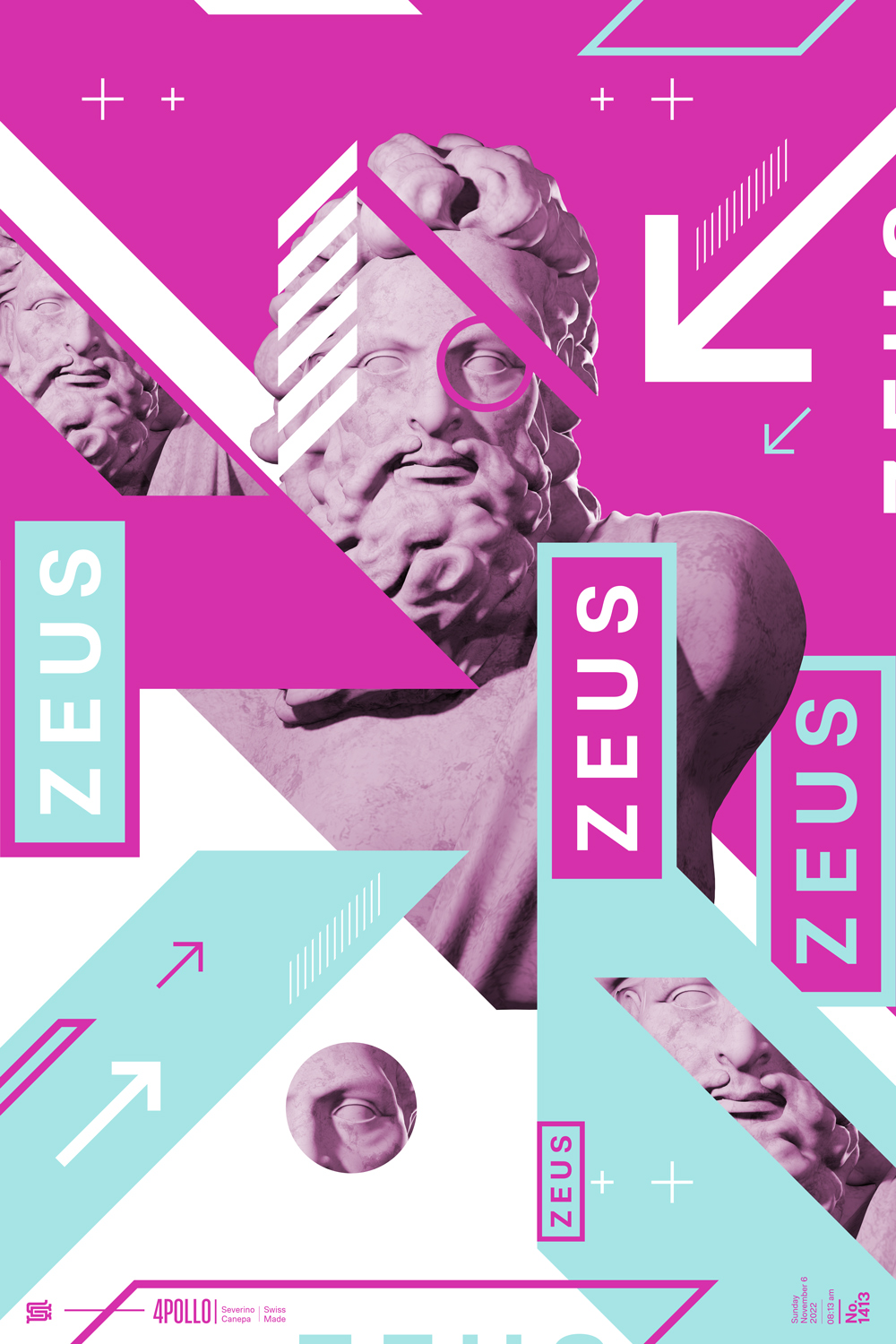 Visual artwork made with sharp shapes, vectors, and the 3D render of Zeus