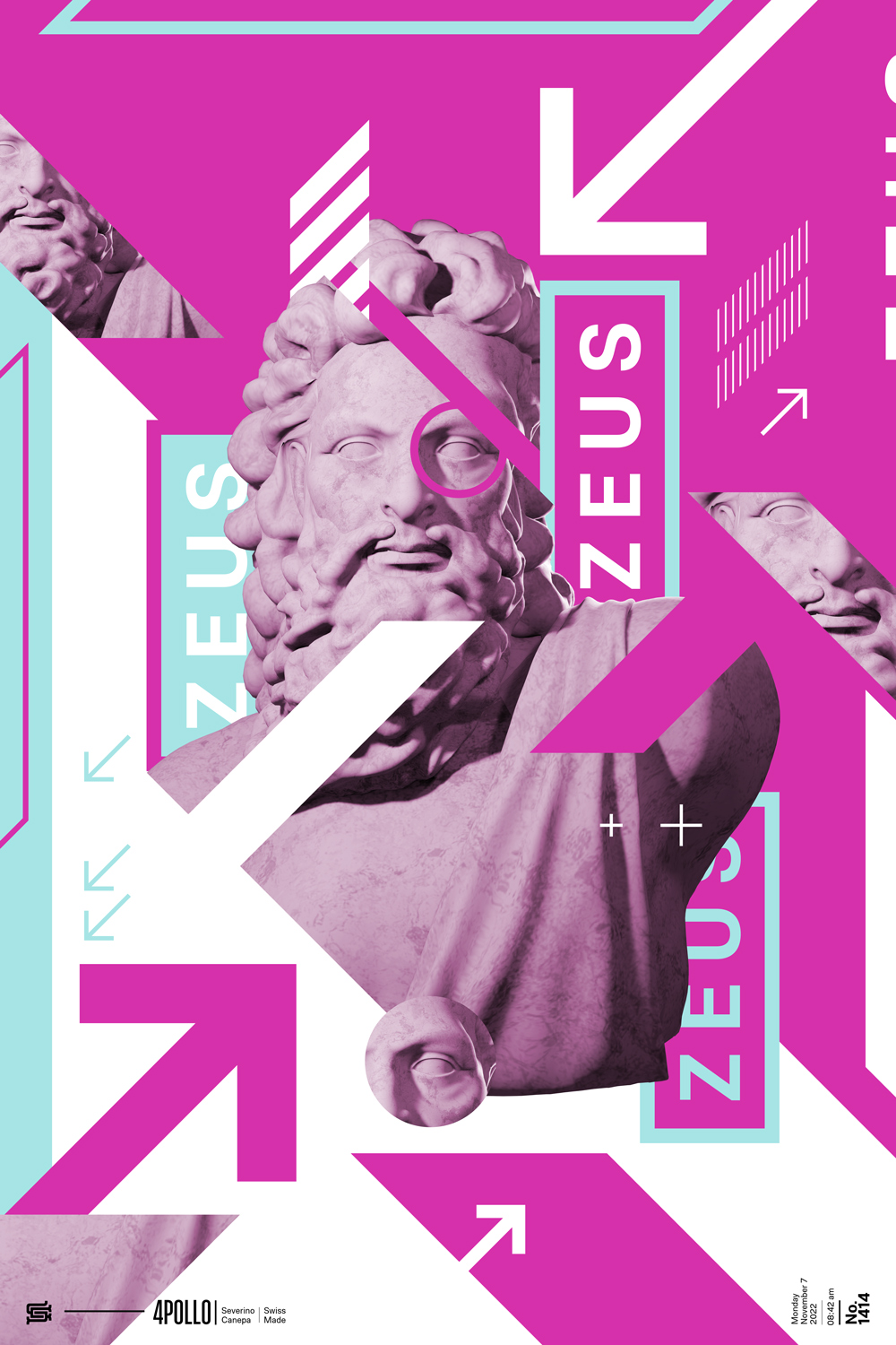 Digital artwork made with dynamic shapes, pattern, vector elements, and the statue of Zeus