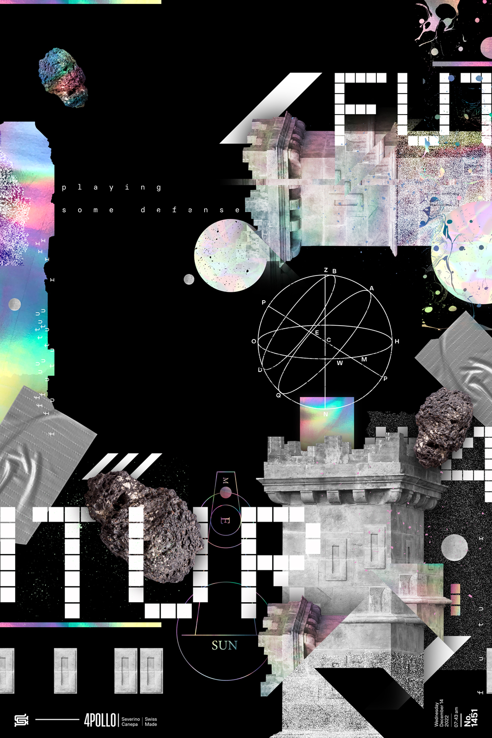 Digital collage made with a tower, rock, holographic, and typographic elements 