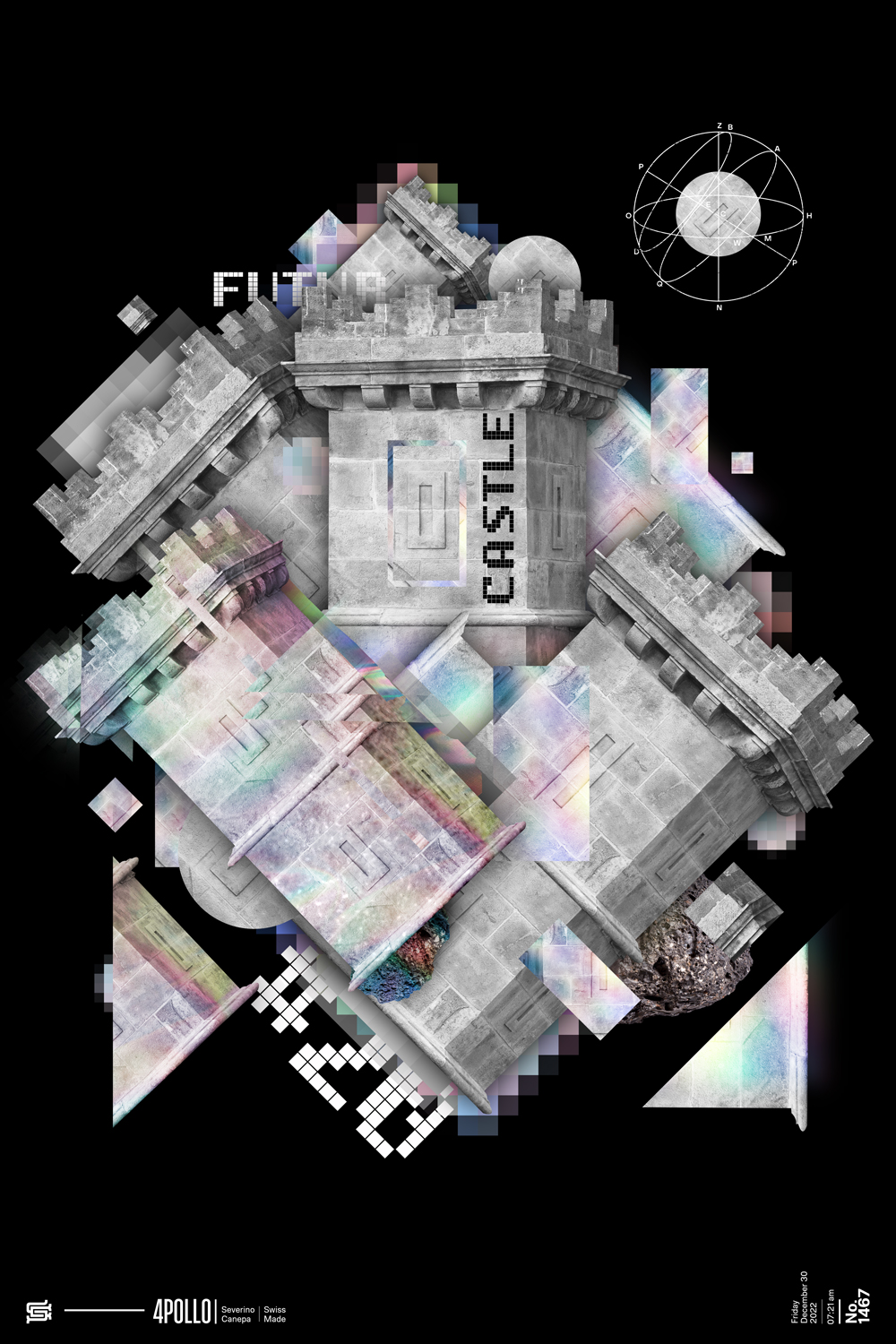 Digital artwork number 20 made with the photograph of a tower, mosaic effects, and holographic paper