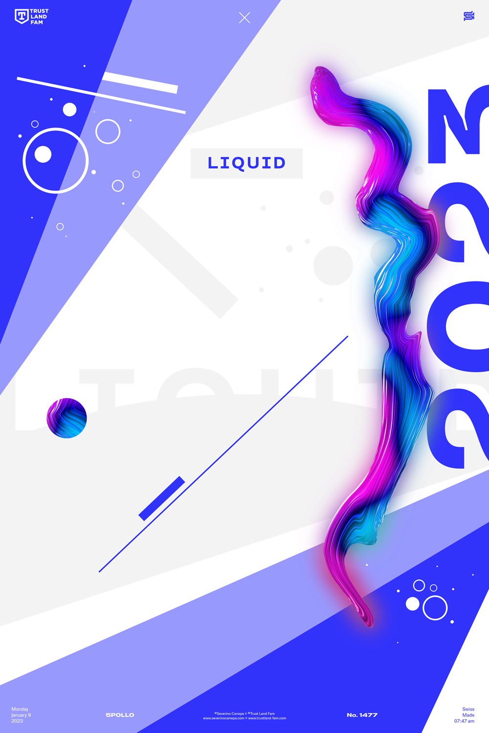 Visual artwork made with geometric and organic shapes, typography, and different colors