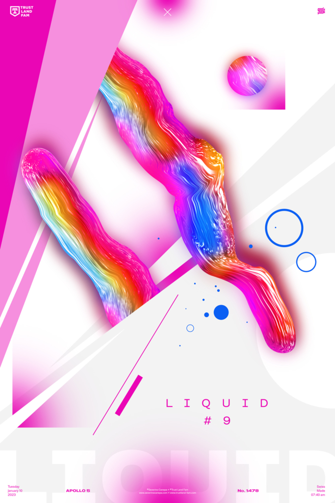 Visual artwork made with a colorful liquified shapes, geometric forms, and a few typography