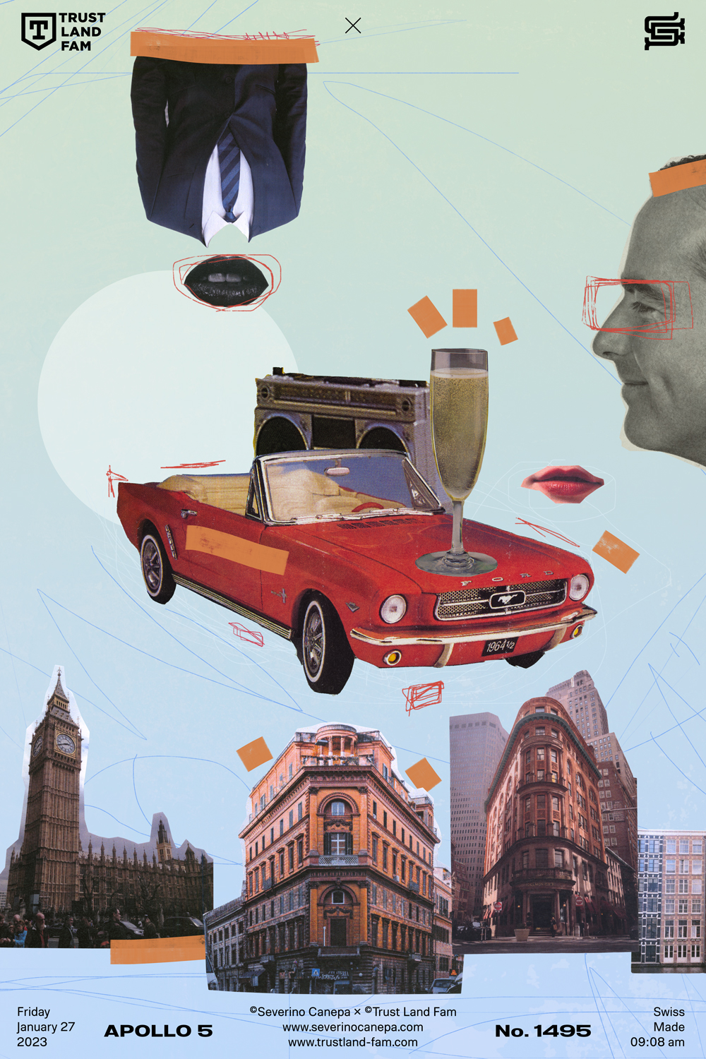 Digital collage realized with vintage elements such as old cities, people, and scribble