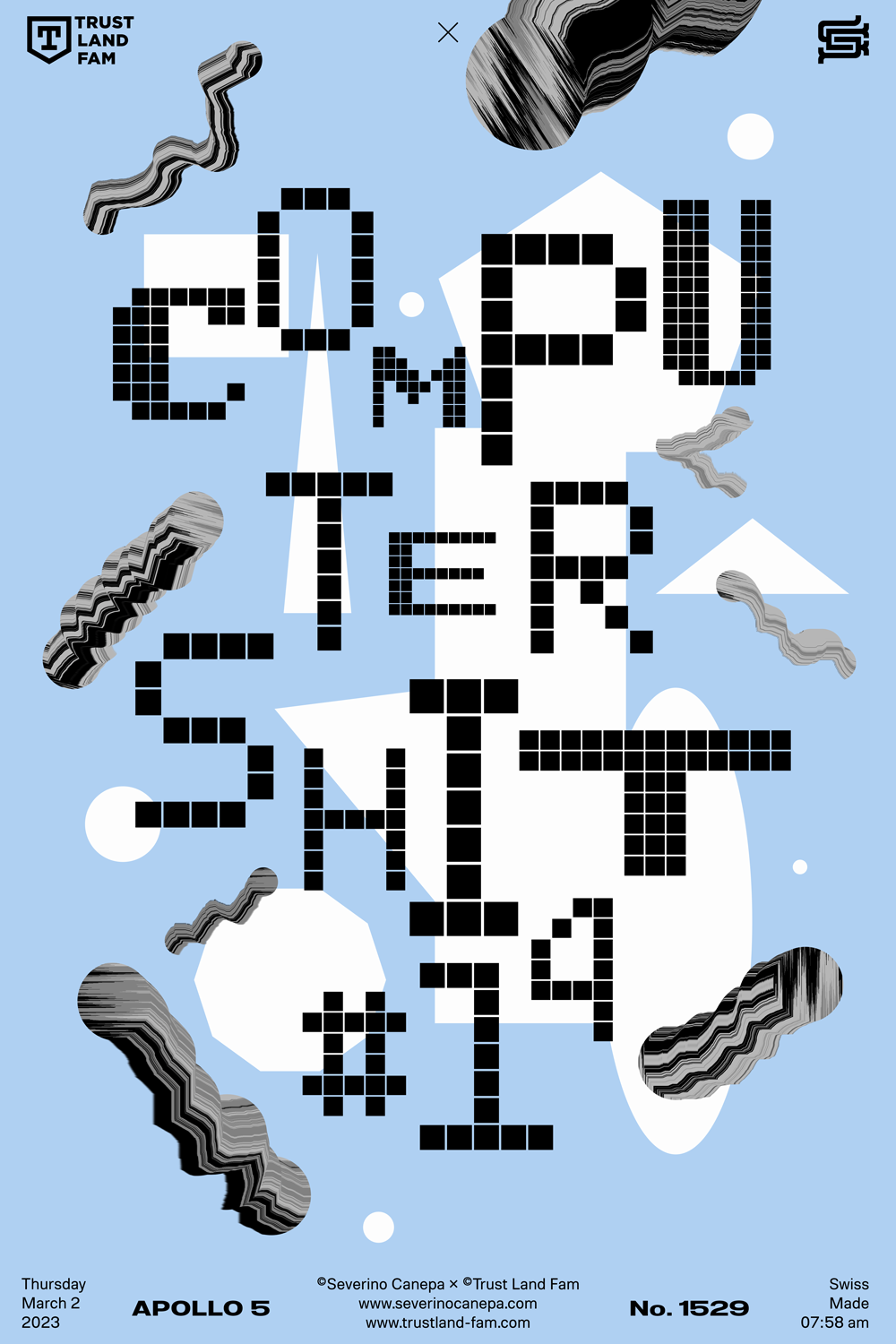 Playful digital artwork mixing different kind of shapes with a pixel font