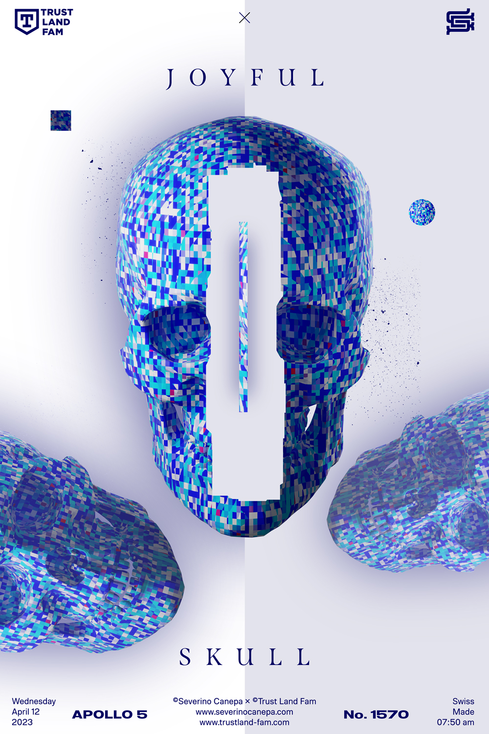 Visual artwork realized with a blue squared skull, typography, and geometric shapes