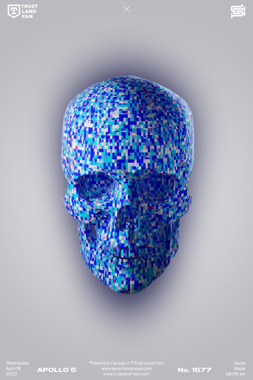 Minimalist digital creation made with a 3D skull filled with blue rectangles