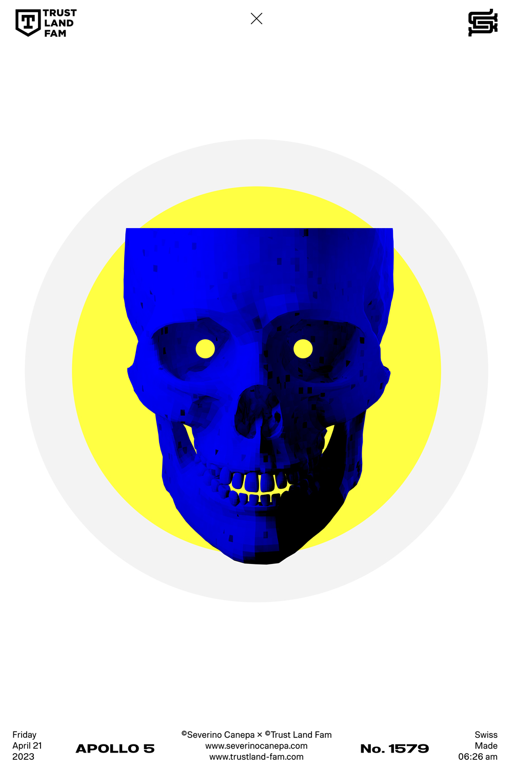 Graphic artwork with a blue skull front of two circles