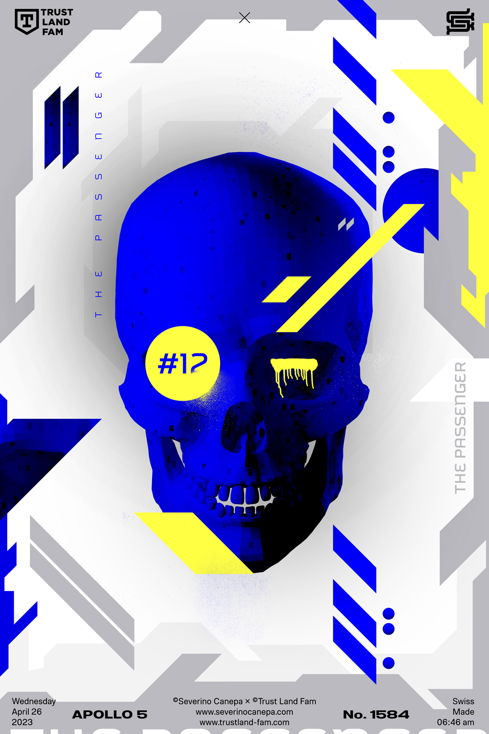 Futuristic geometric shapes, 3D render of a blue skull, and typographic digital creation