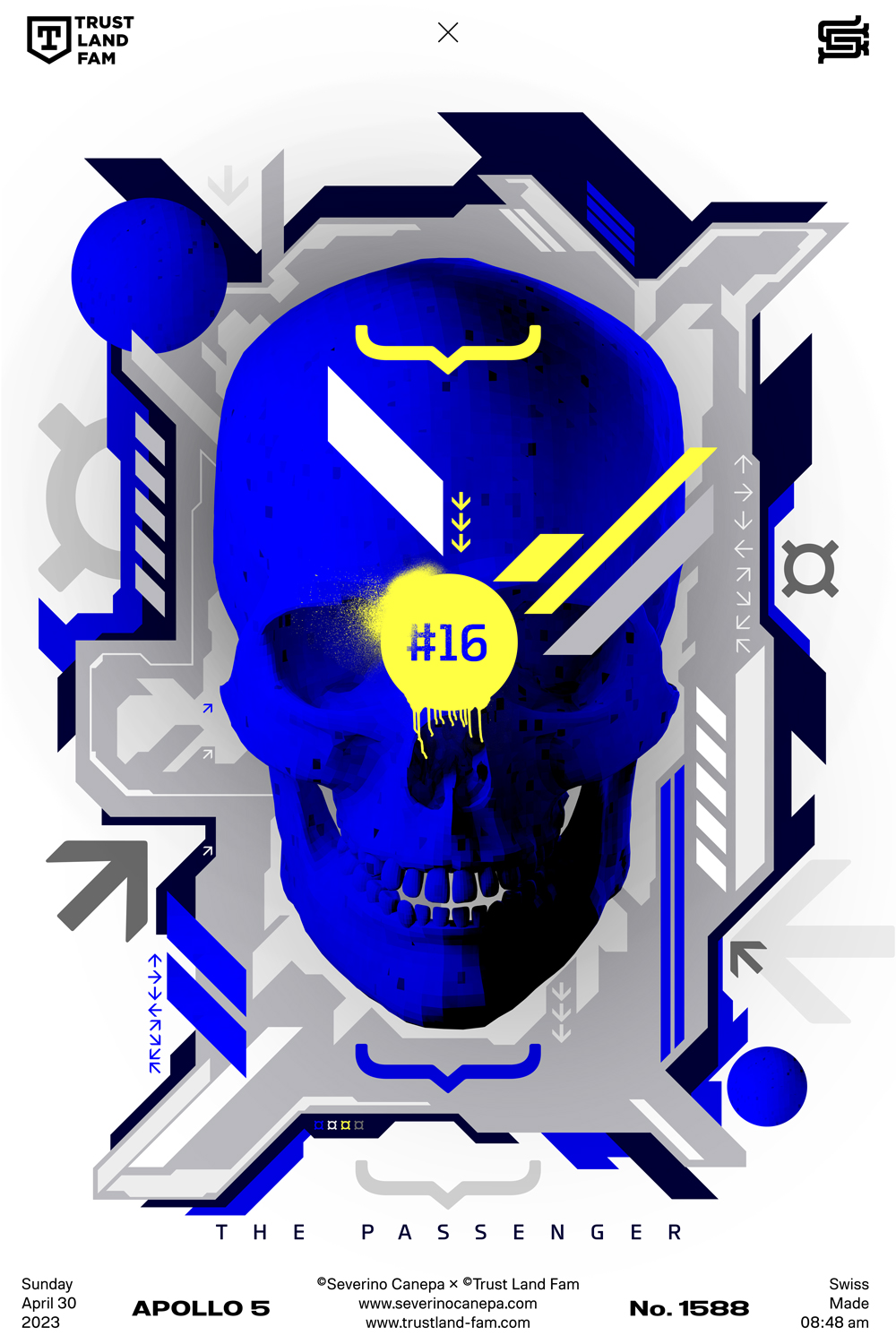 Digital artwork using futuristic shapes behind the blue skull with typographic elements