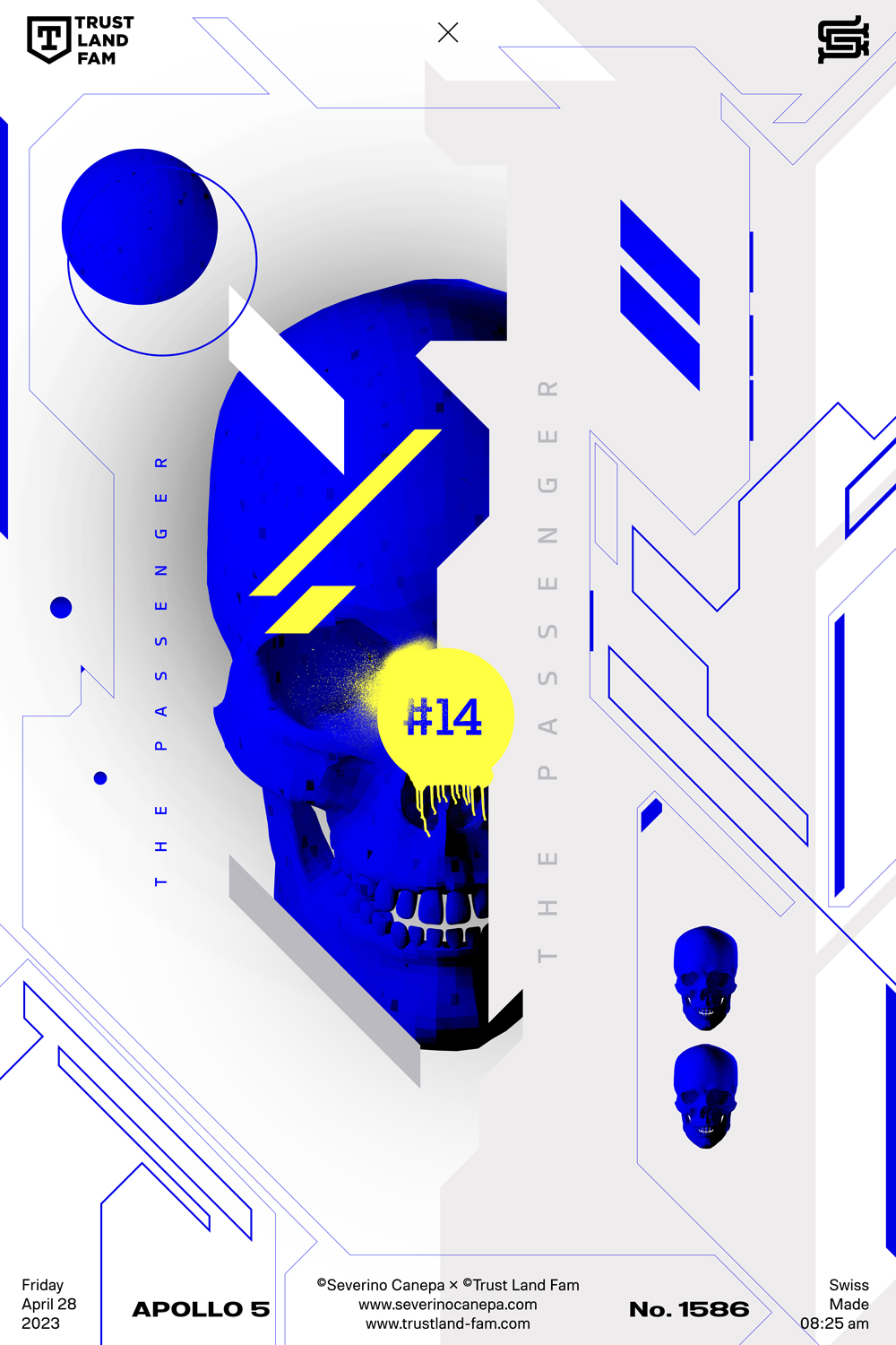 Visual artwork made with futuristic shapes, the blue skull, and typography