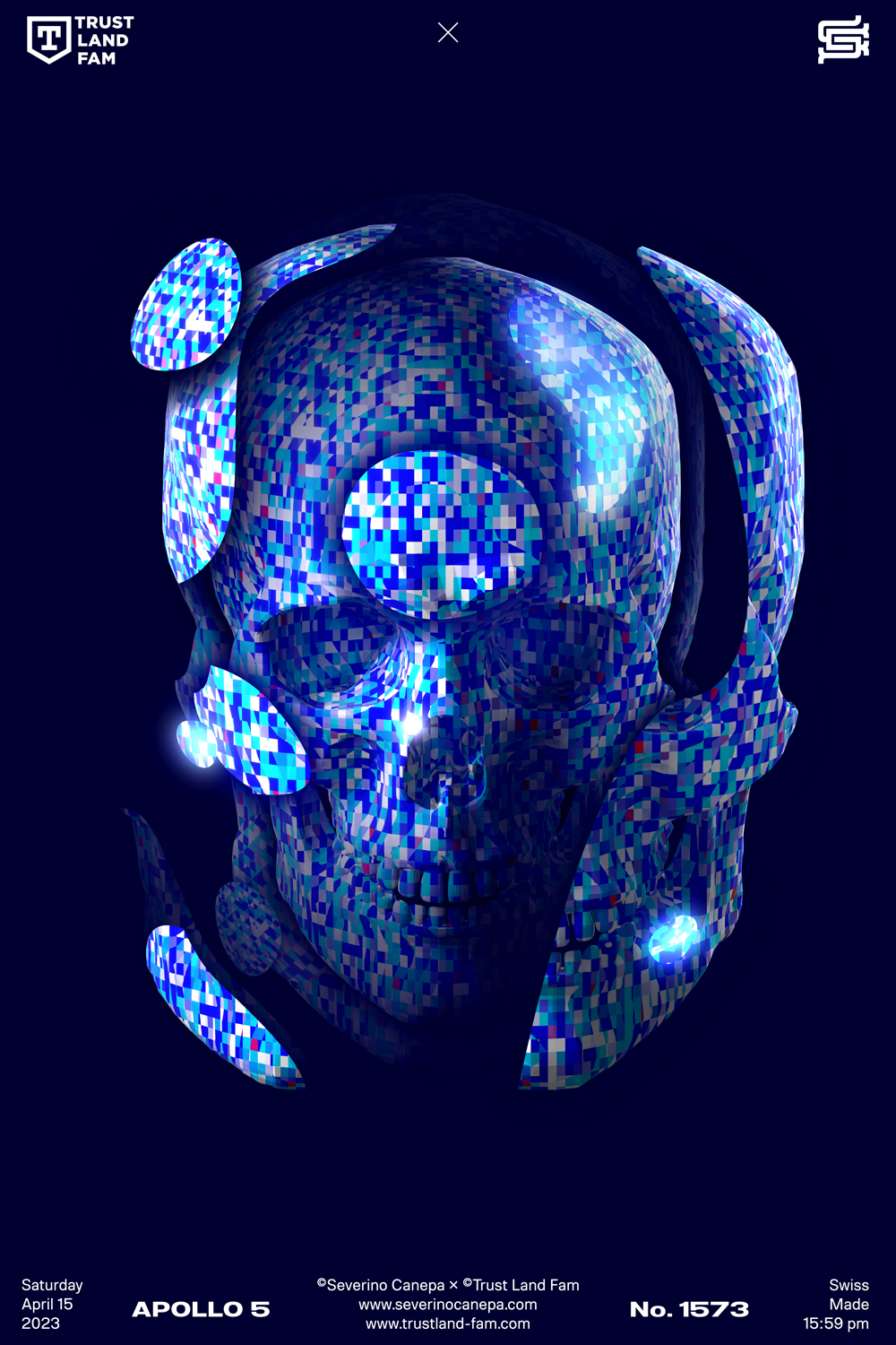 Poster creation using a blue skull filled with blue squares and leaving pieces of it