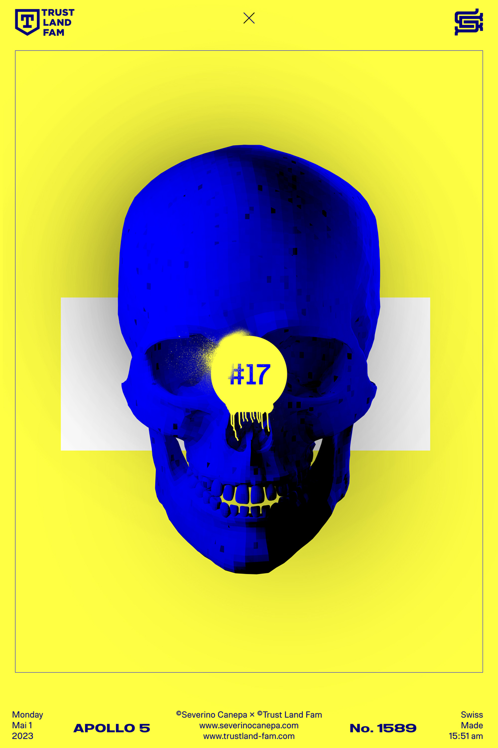 Minimalist creation made with the blue skull, a number, and three geometric shapes