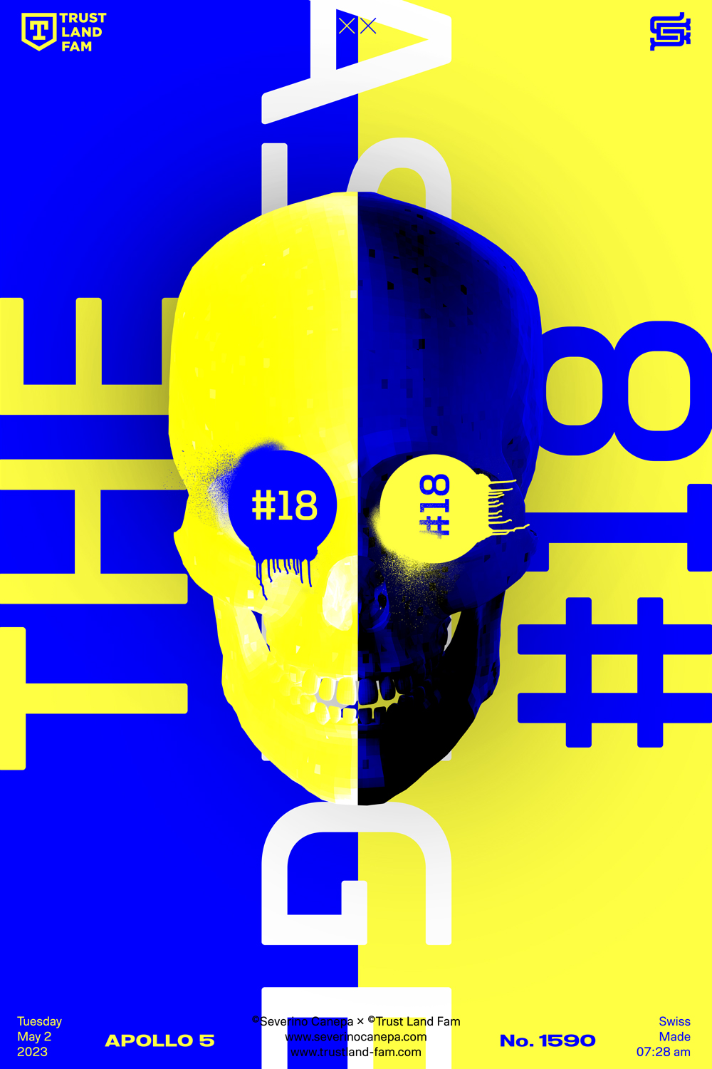 Minimalist creation using the blue skull and large typeface with blue and yellow