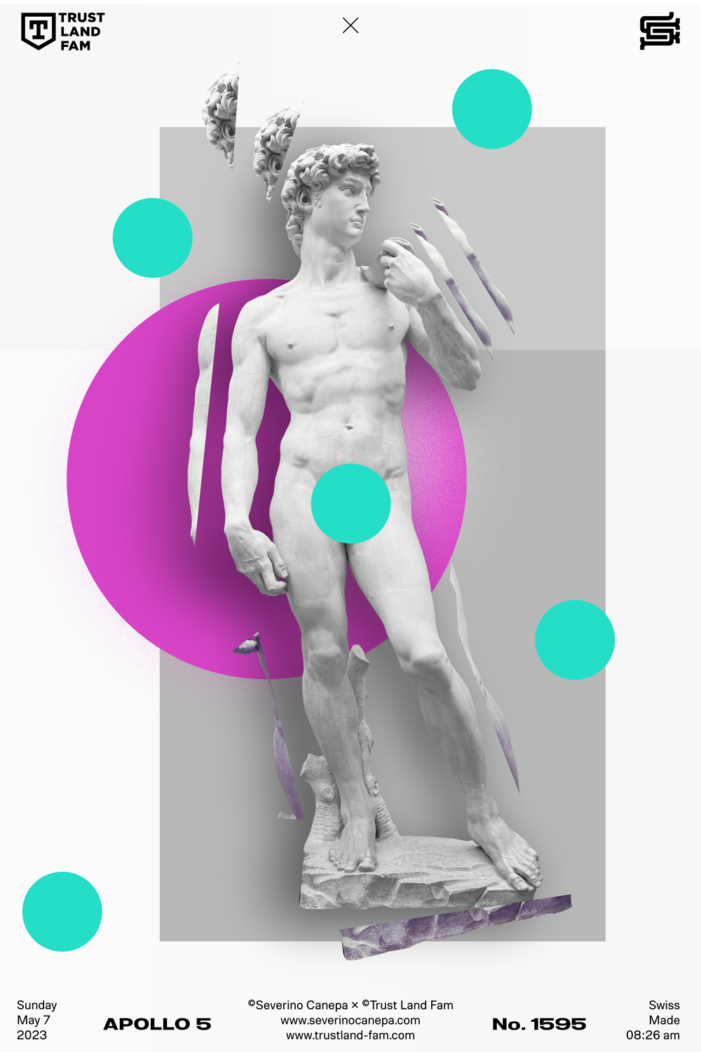 Vibrant colors, ambiguous and arrogant creation using the statue of David and geometric shapes