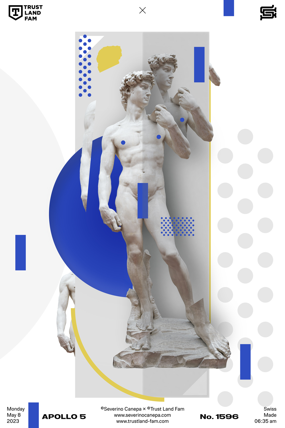 Visual creation made with the statue of David and shapes with a simple color scheme