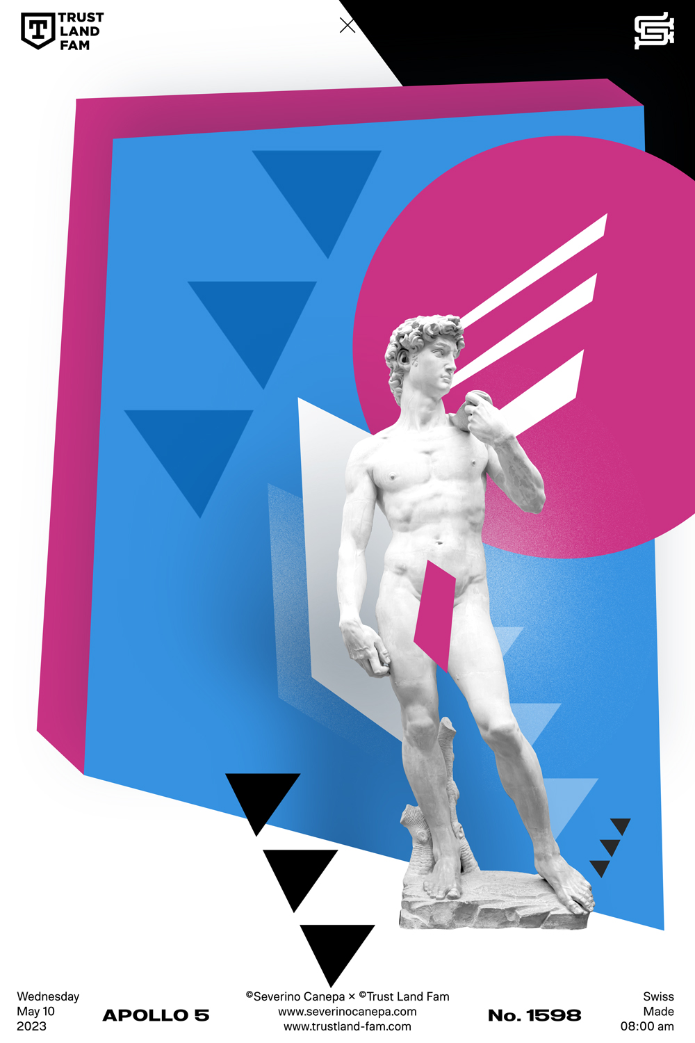 Oblique shapes, triangle, one circle, and the picture of David statue