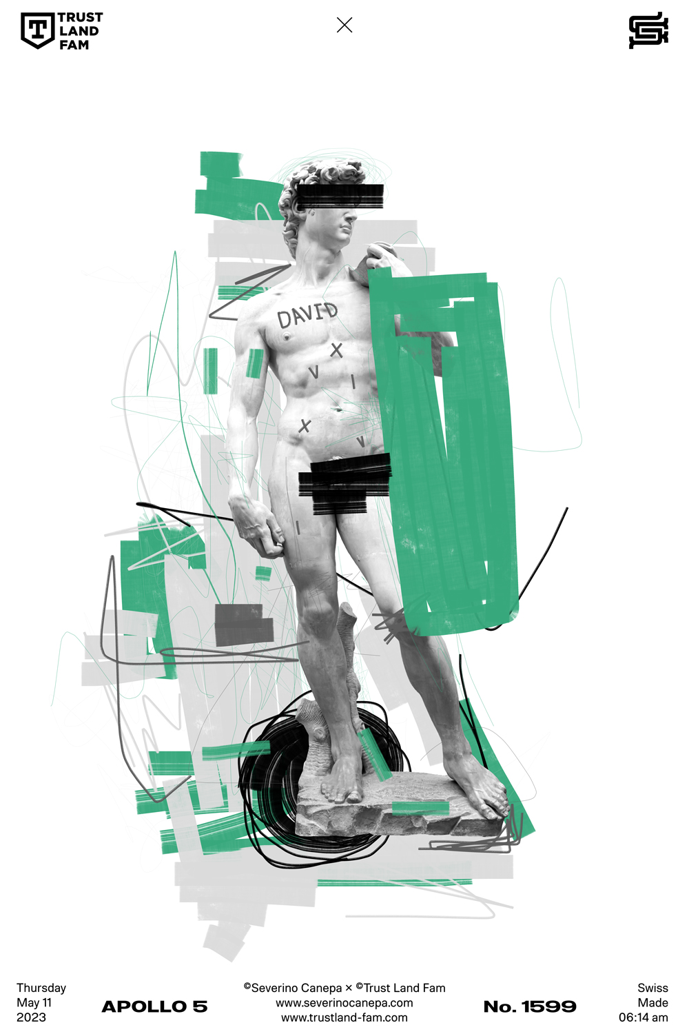 Playful, fun graphic creation realized with grunge lines and the statue of David