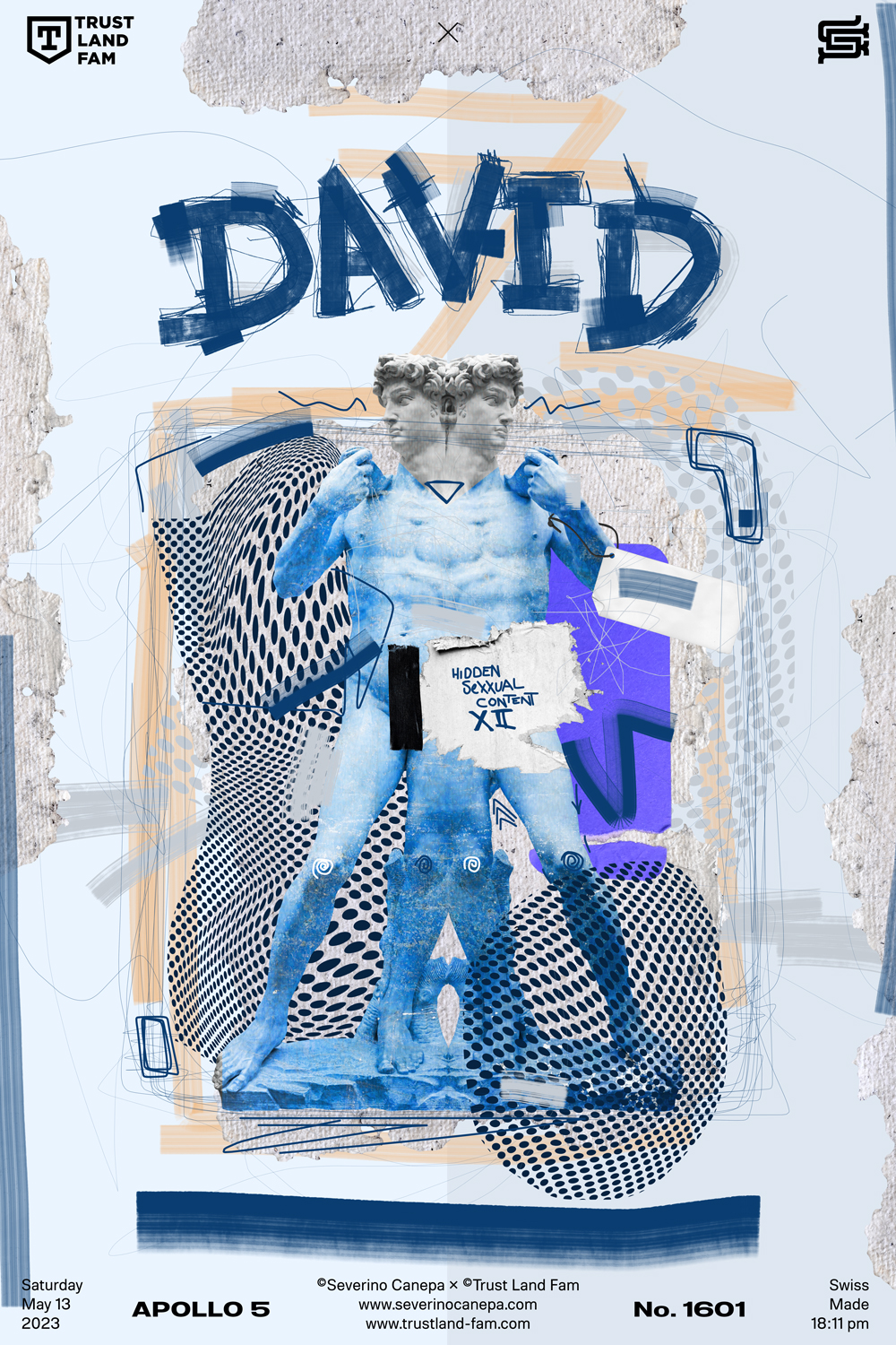 Visual art made with the statue of David, grunge marker brushes and lines