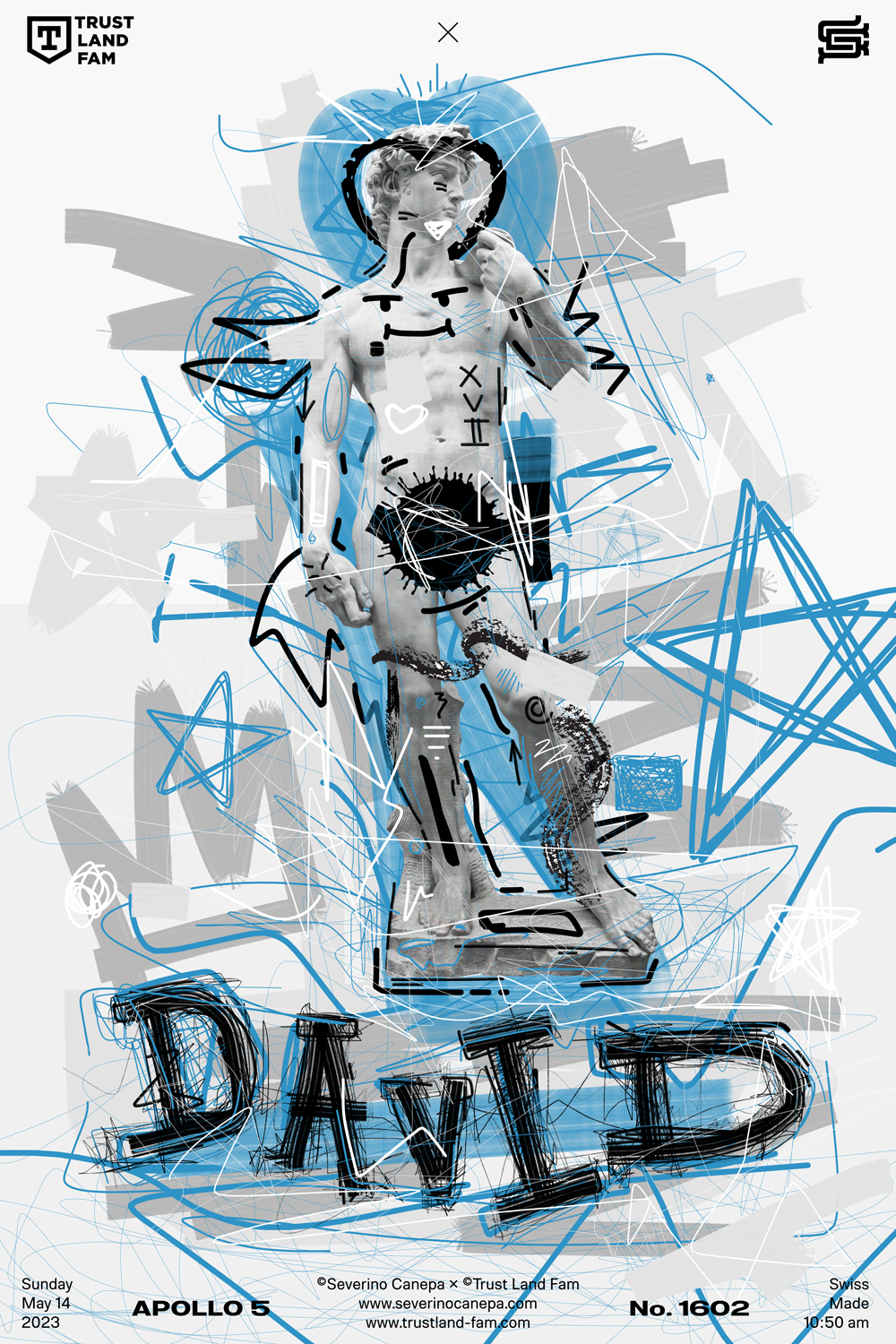 Digital creation using random scribbles, handmade typography, and the statue of David in a dynamic composition