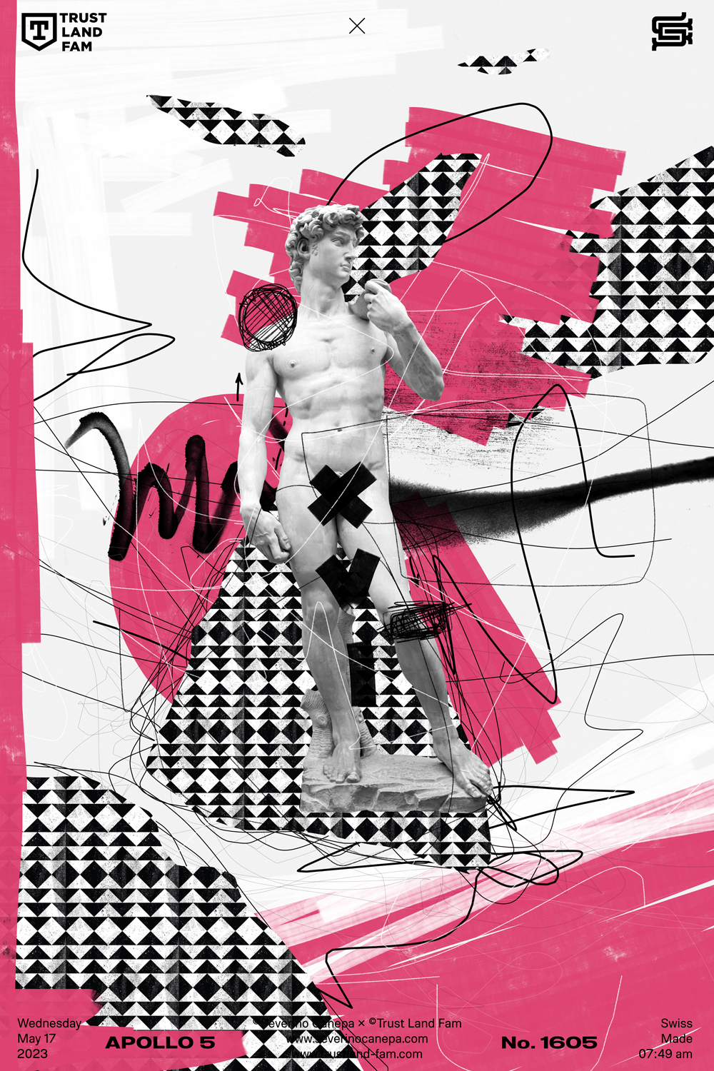 Creative and playful digital creation made with the statue of David, pattern, and scribbles