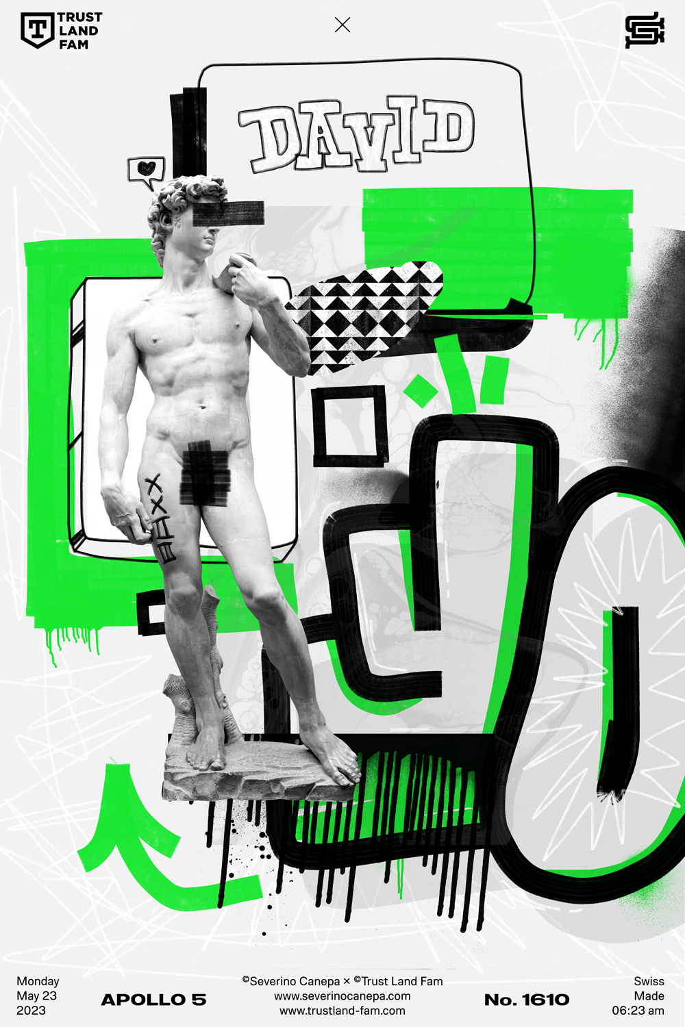 Visual artwork made with a graffiti for the mini-series Mister D realized with the statue of David