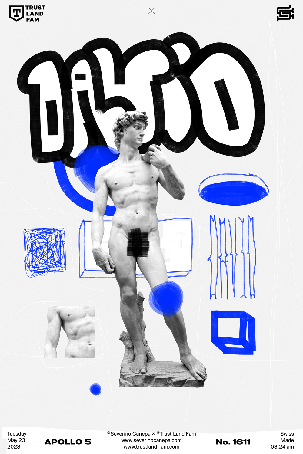 Visual artwork mixing modern technics and handmade creations with the statue of David